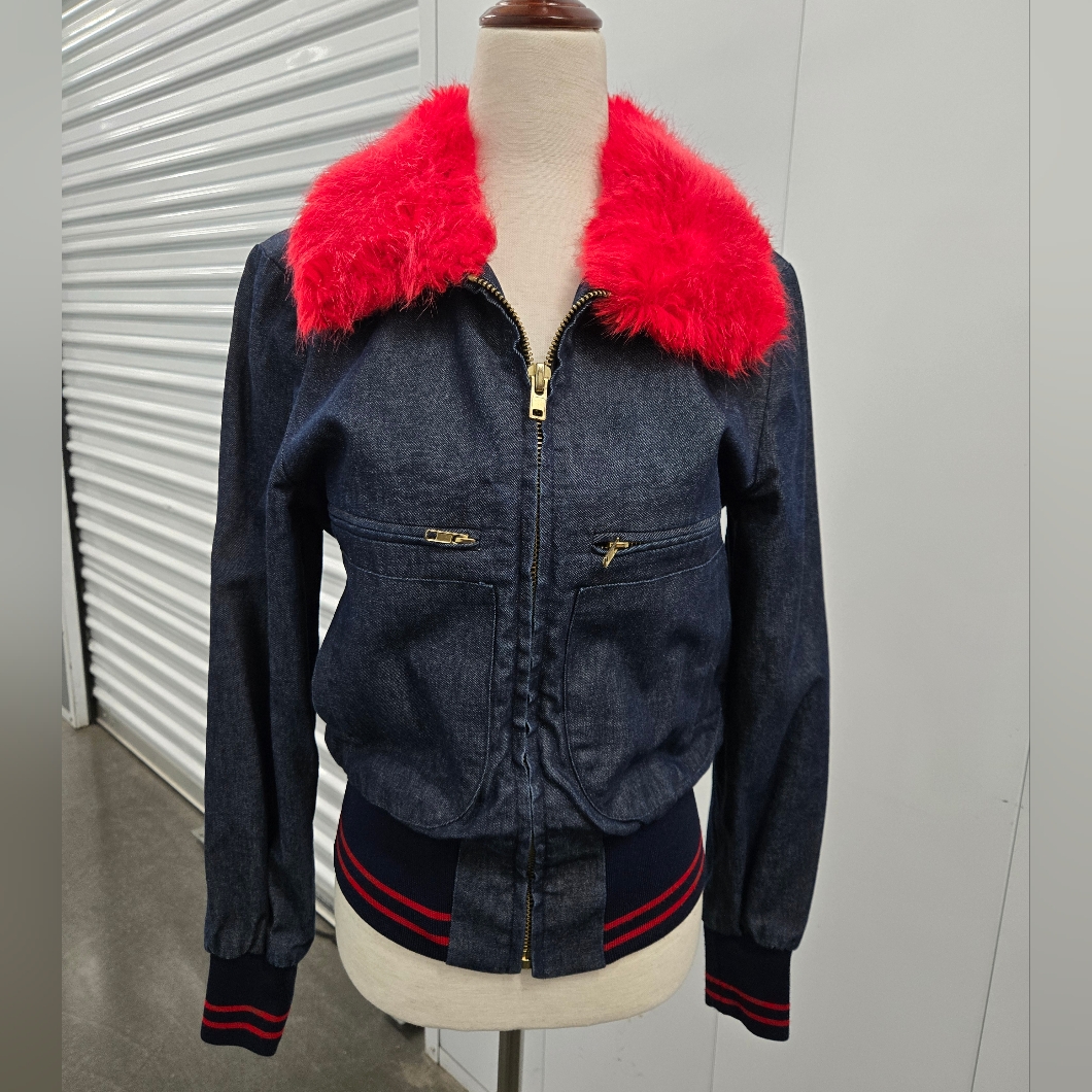 Harvey Faircloth Denim Bomber Jacket With Red Faux Fur | Size 6 | Made In Usa